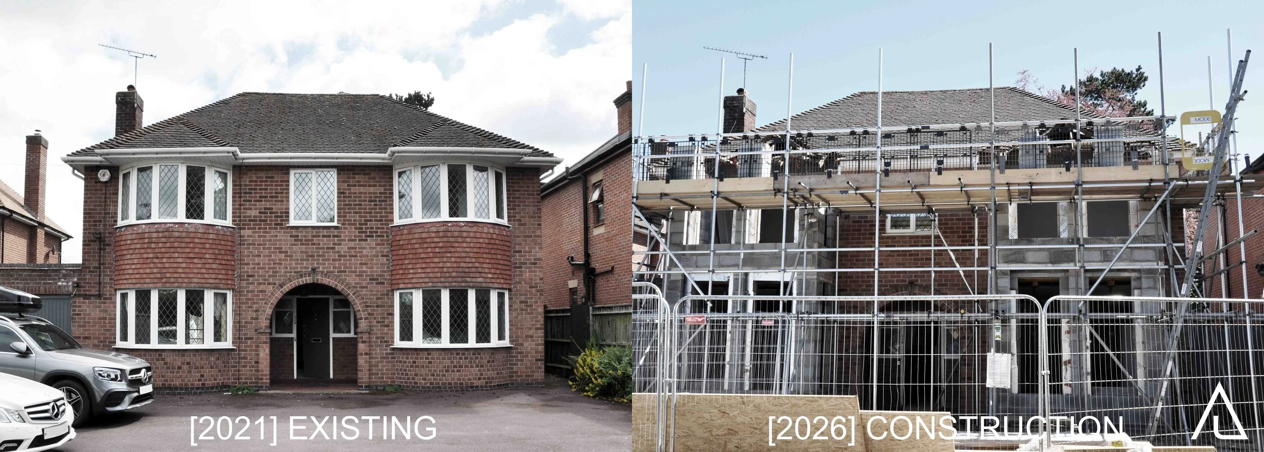 Construction photograph of two storey front extension with scaffolding blockwork stone detail and Georgian proportions by Unity Architects Leamington Spa