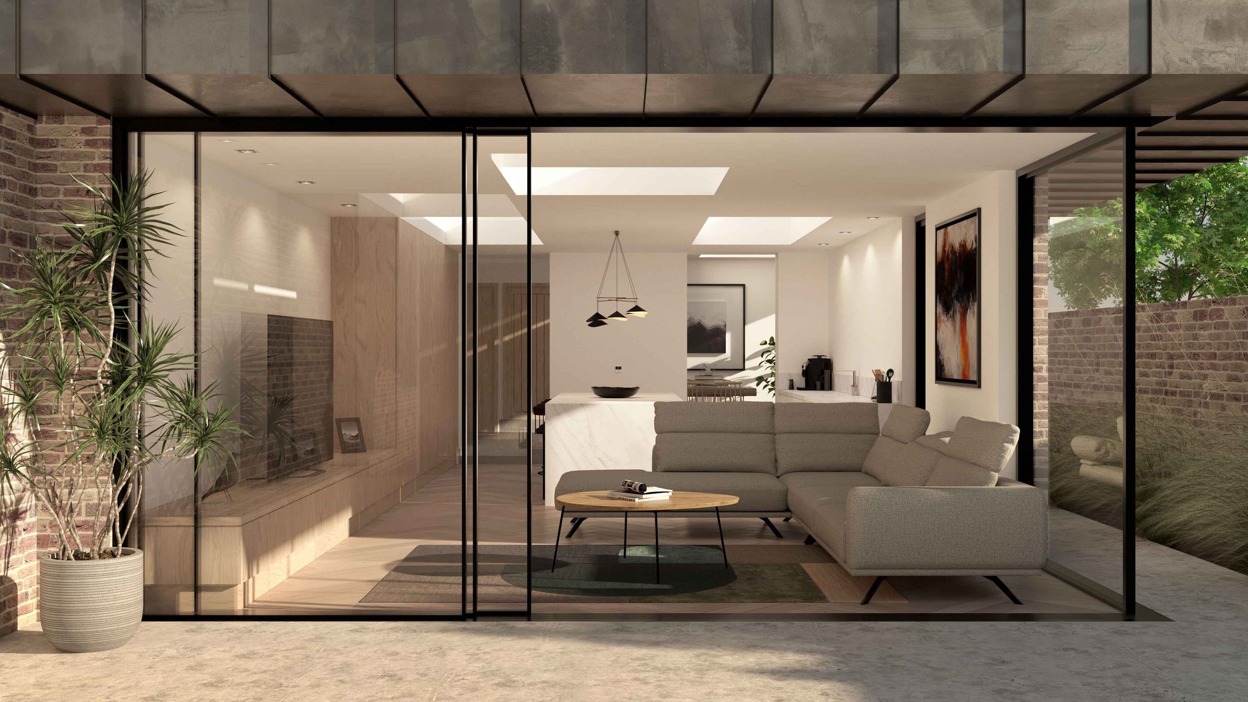 001 Unity Architects 47 Banbury Road Internal Visualisation glass sliding doors with cantilevered metal roof and modern furniture.jpg