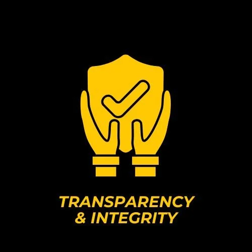Illustration of two yellow hands holding a shield with a checkmark, and the words 'Transparency & Integrity' below.