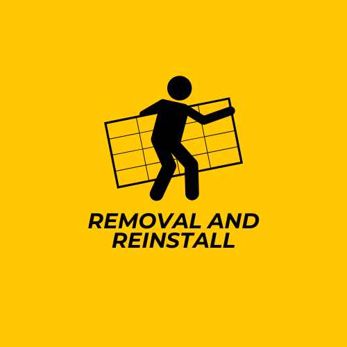 Graphic of a person lifting a fence with the text 'Removal and Reinstall' on a yellow background.