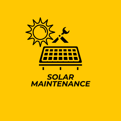 Icon of a sun, wrench, and solar panel with the text 'Solar Maintenance' on yellow background.