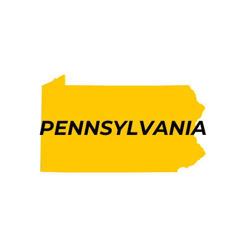 Yellow outline of the state of Pennsylvania with the text 'PENNSYLVANIA' in bold black letters across it.