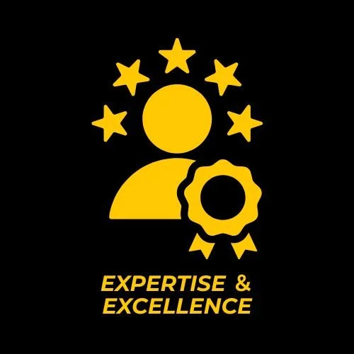 Icon of a person with a star above the head, surrounded by six stars, and a ribbon with a badge. Text reads 'Expertise & Excellence'.