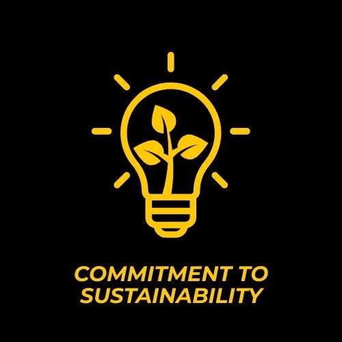 Yellow icon of a lightbulb with a plant growing inside, surrounded by small lines indicating light, with text underneath reading "Commitment to Sustainability" on a black background.
