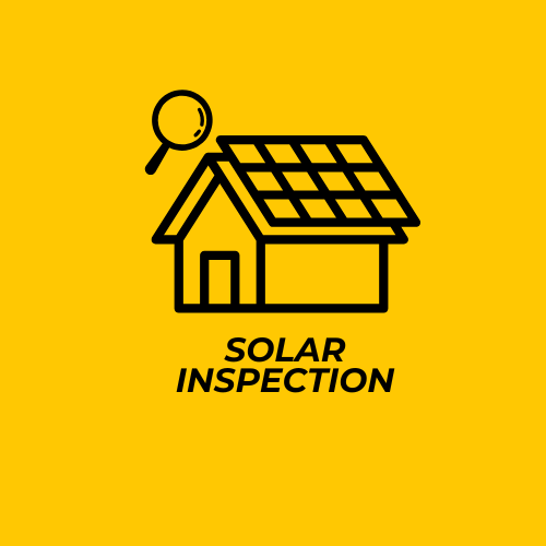 Icon of a house with solar panels on roof, magnifying glass above, and text 'Solar Inspection' on yellow background.
