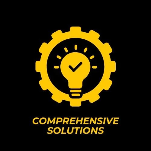 Yellow gear with a light bulb and check mark inside, with the text 'Comprehensive Solutions' underneath, on a black background.