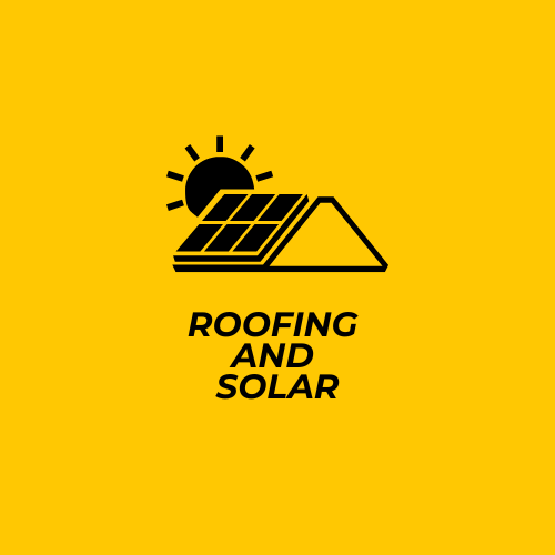 Icon of the sun, solar panel, and roof with the text 'Roofing and Solar' on a yellow background.