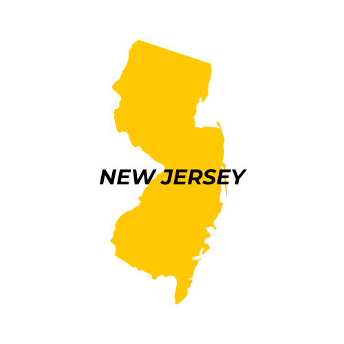 Silhouette map of New Jersey in yellow with the text 'New Jersey' across it.