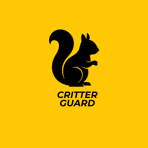 Silhouette of a squirrel with a curled tail, and the words 'Critter Guard' below in black text on a yellow background.