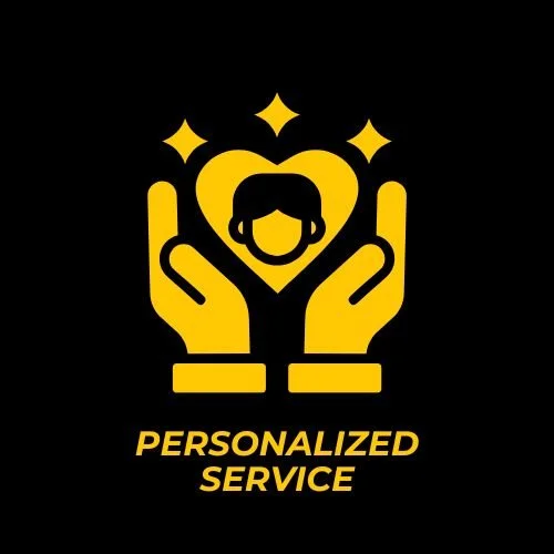 Yellow icon of two hands holding a person's head with a heart shape around it and three stars above, with the text 'Personalized Service' below, on a black background.