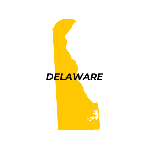Illustration of the state of Delaware in yellow with a small white crab at the bottom and the word 'DELAWARE' across the middle.