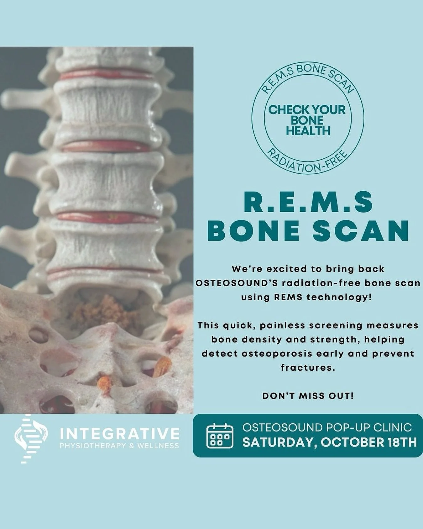 🦴 POP-UP REMS Bone Scan Clinic 🦴 @osteosound.ca 
📅 Saturday, October 18th
📍 Integrative Physiotherapy & Wellness
Your bones tell a story — make sure you’re listening.
Bone density can start to change long before symptoms appear,