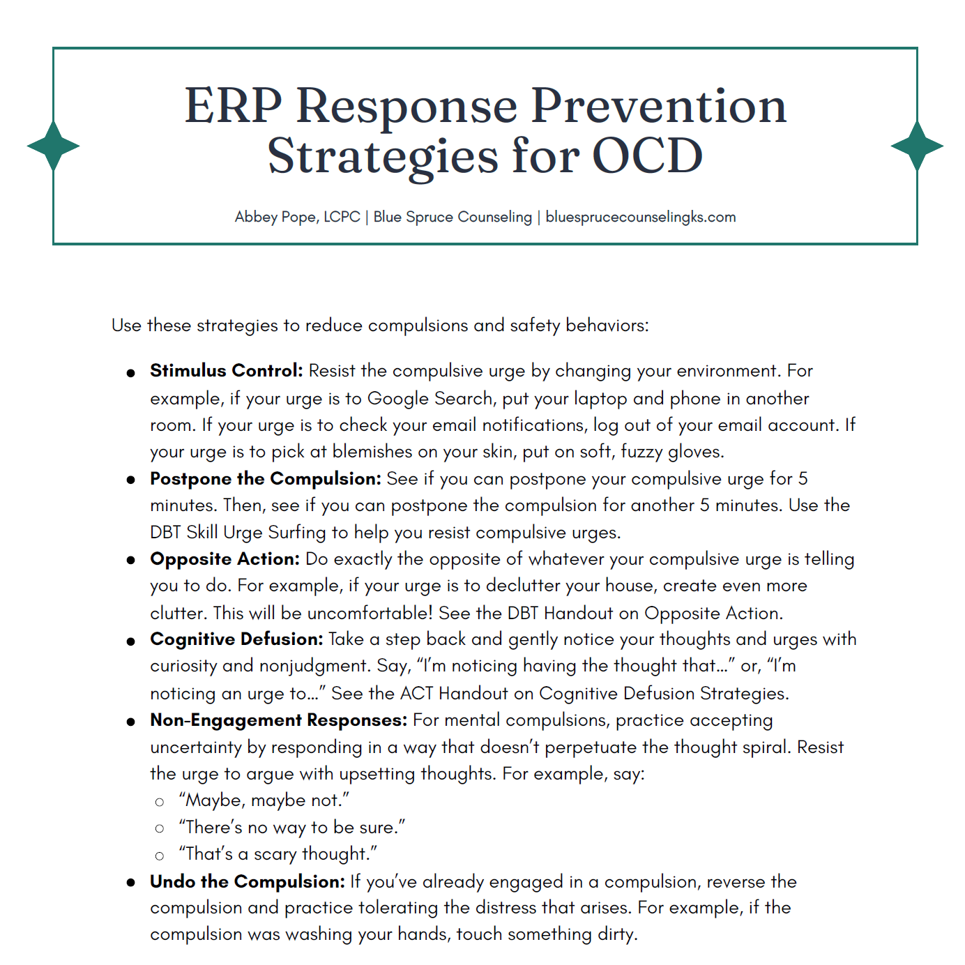 ERP Response Prevention Strategies for OCD handout
