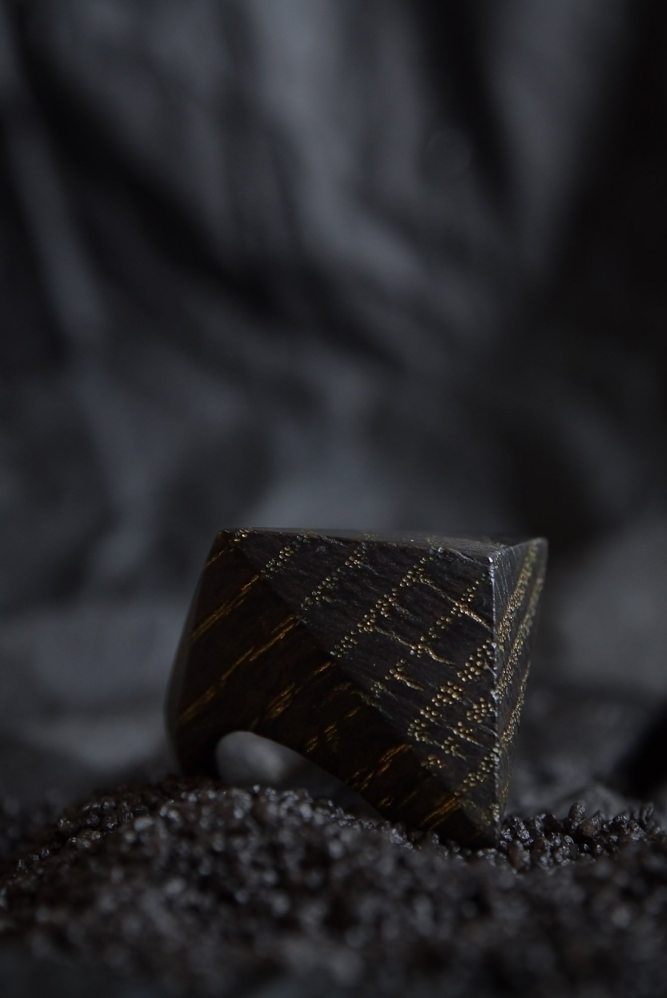 Temple Ring, Tetrahedron, Bog Oak, Gilding Wax