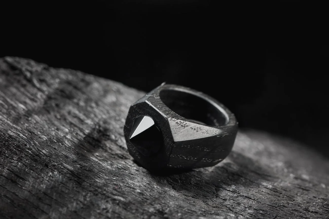 Temple Ring, Bog Oak, Obsidian Gemstone