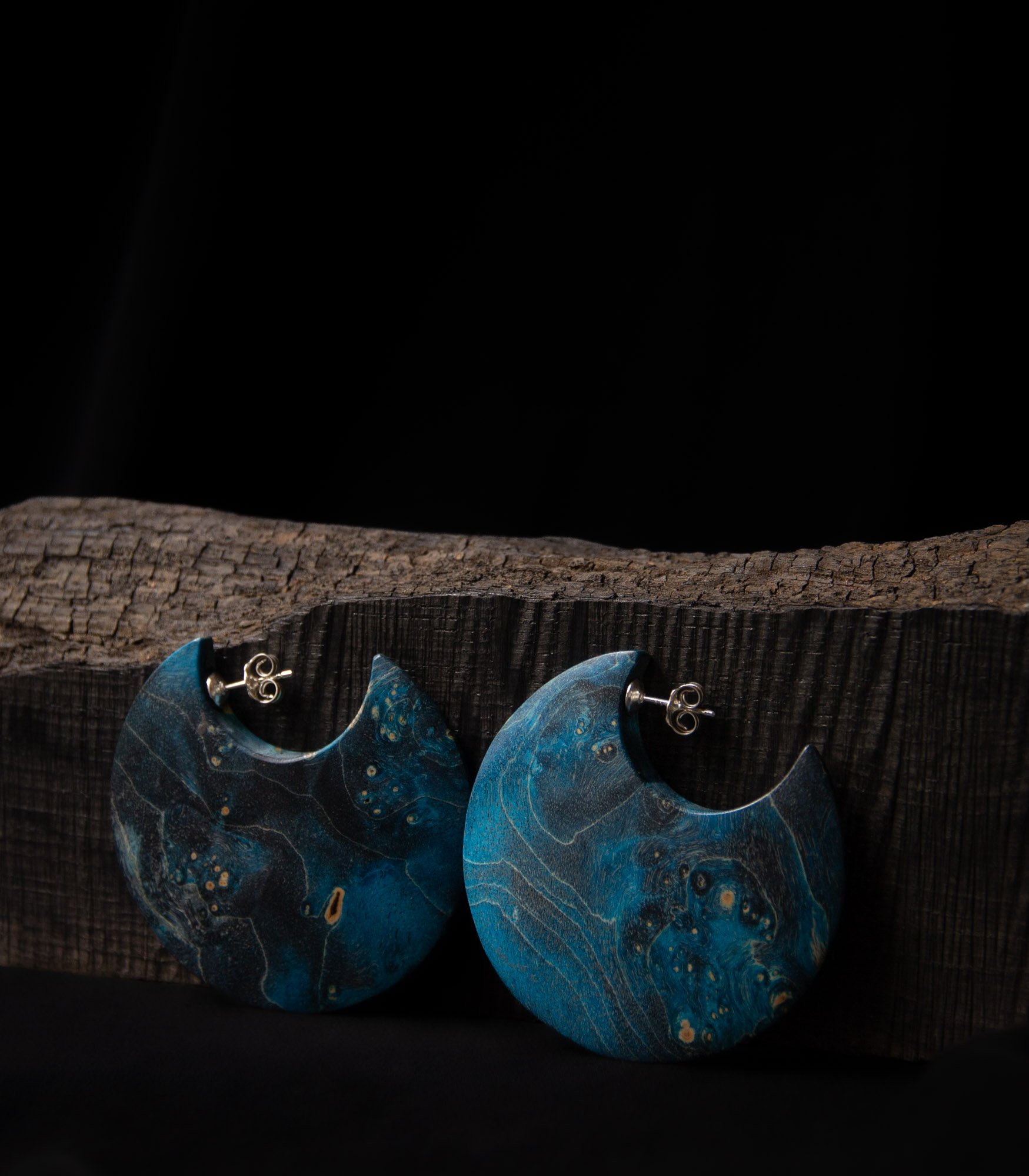 Shield Earrings, "Nebula", Stabilzed Blue Wood, 2023