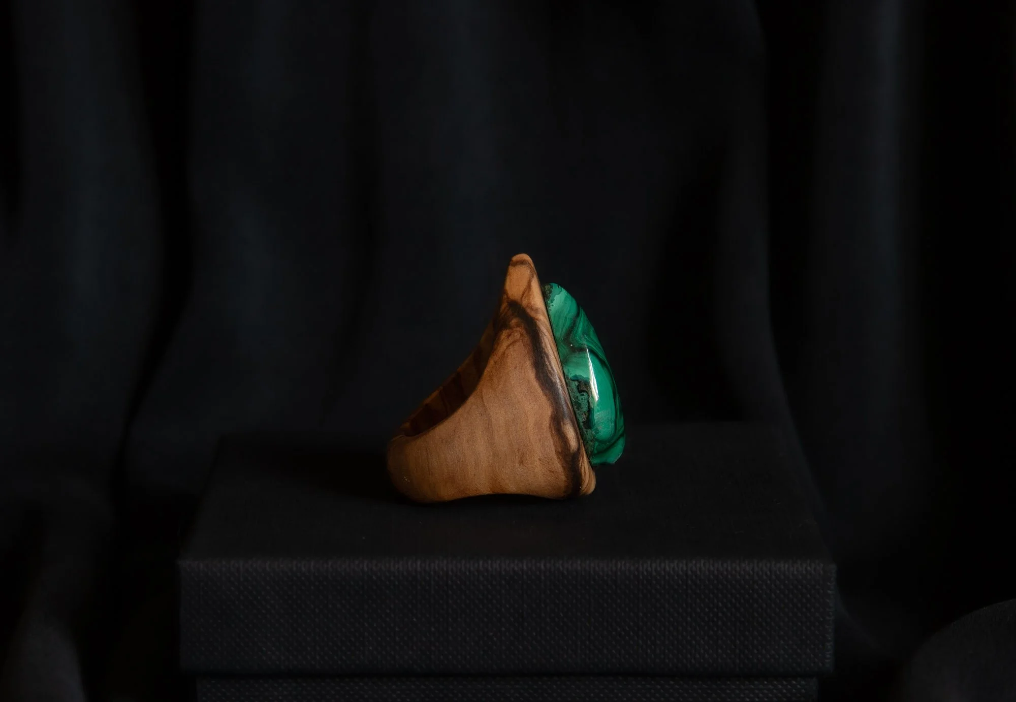 Portal Ring, Olive Wood, Malachite Cabochon, 2023