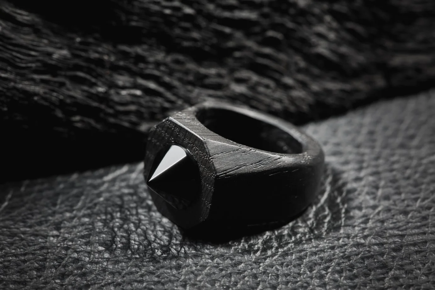 Temple Ring, Bog Oak, Obsidian Gemstone
