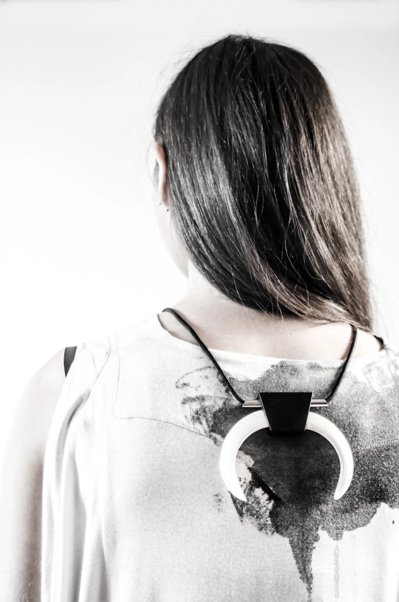 Opposites Necklace, "Crescent Moon", Black Corian, Boar Tusks, Stainless Steel, Nautical Cord, 2015