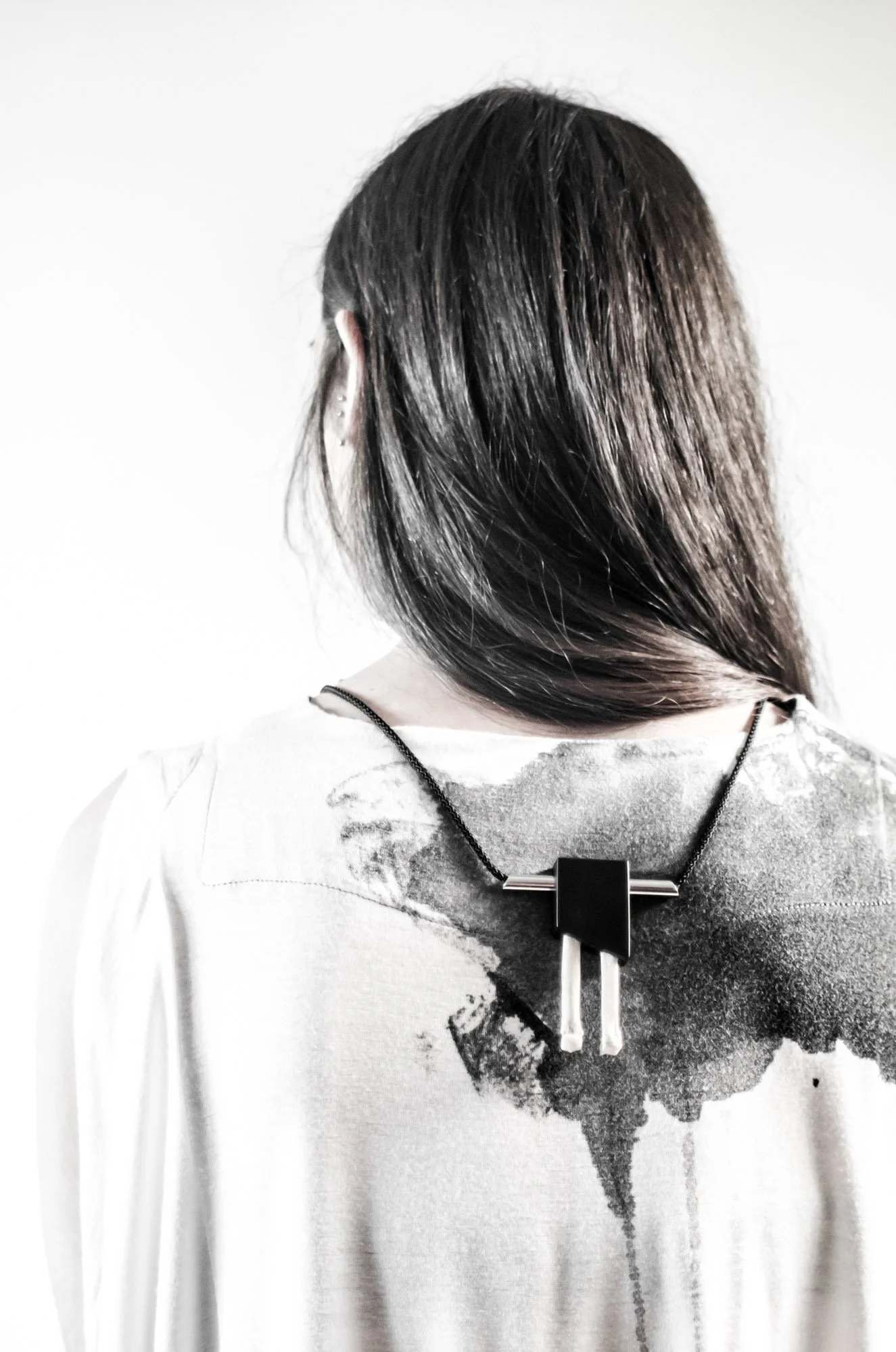 Opposites Necklace, "Gemini", Black Corian, Found Bones, Stainless Steel, Nautical Cord, 2015