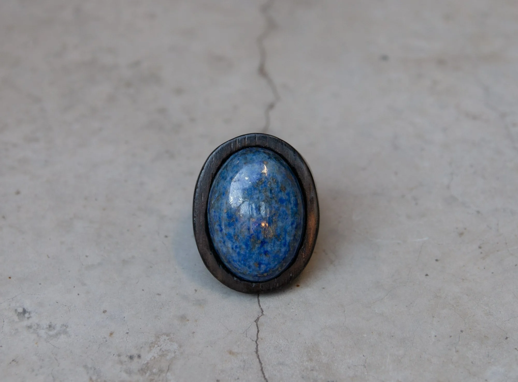 Portal Ring, Bog Oak, Lapis Lazuli Cabochon, 2023