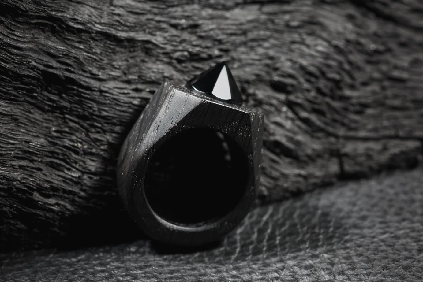 Temple Ring, Bog Oak, Obsidian Gemstone