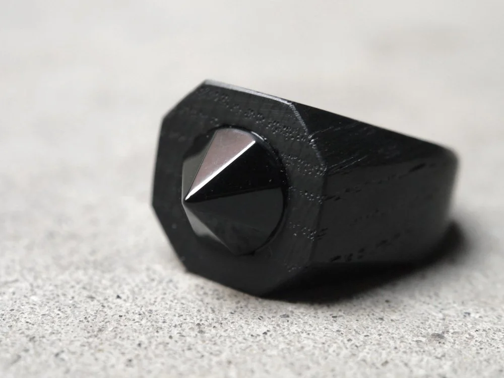 Temple Ring, Bog Oak, Obsidian Gemstone