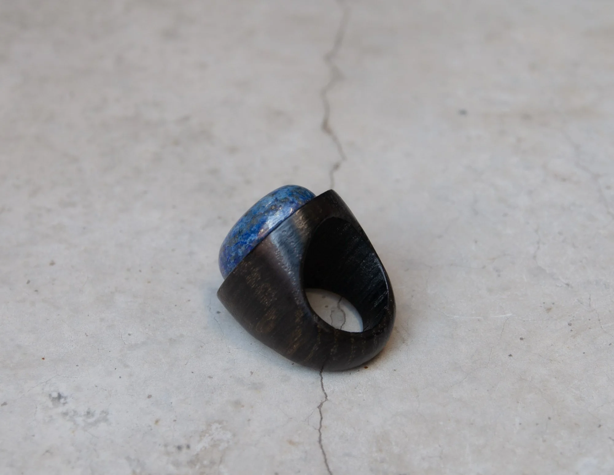 Portal Ring, Bog Oak, Lapis Lazuli Cabochon, 2023