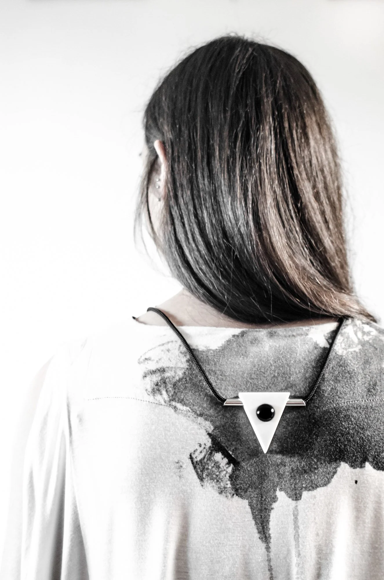 Opposites Necklace, "Eclipse", White Corian, Obsidian, Stainless Steel, Nautical Cord, 2015