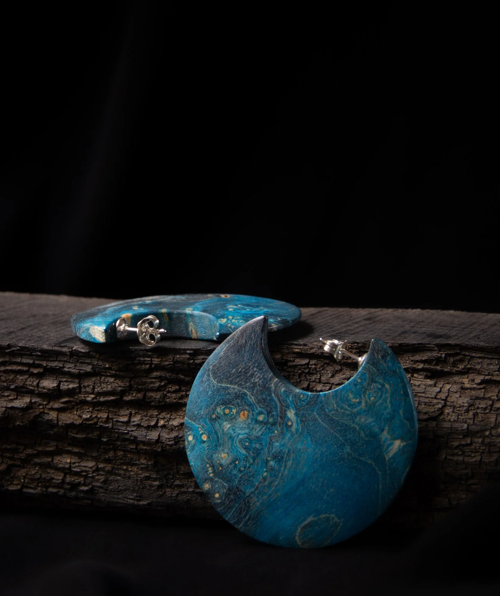 Shield Earrings, "Nebula", Stabilzed Blue Wood, 2023