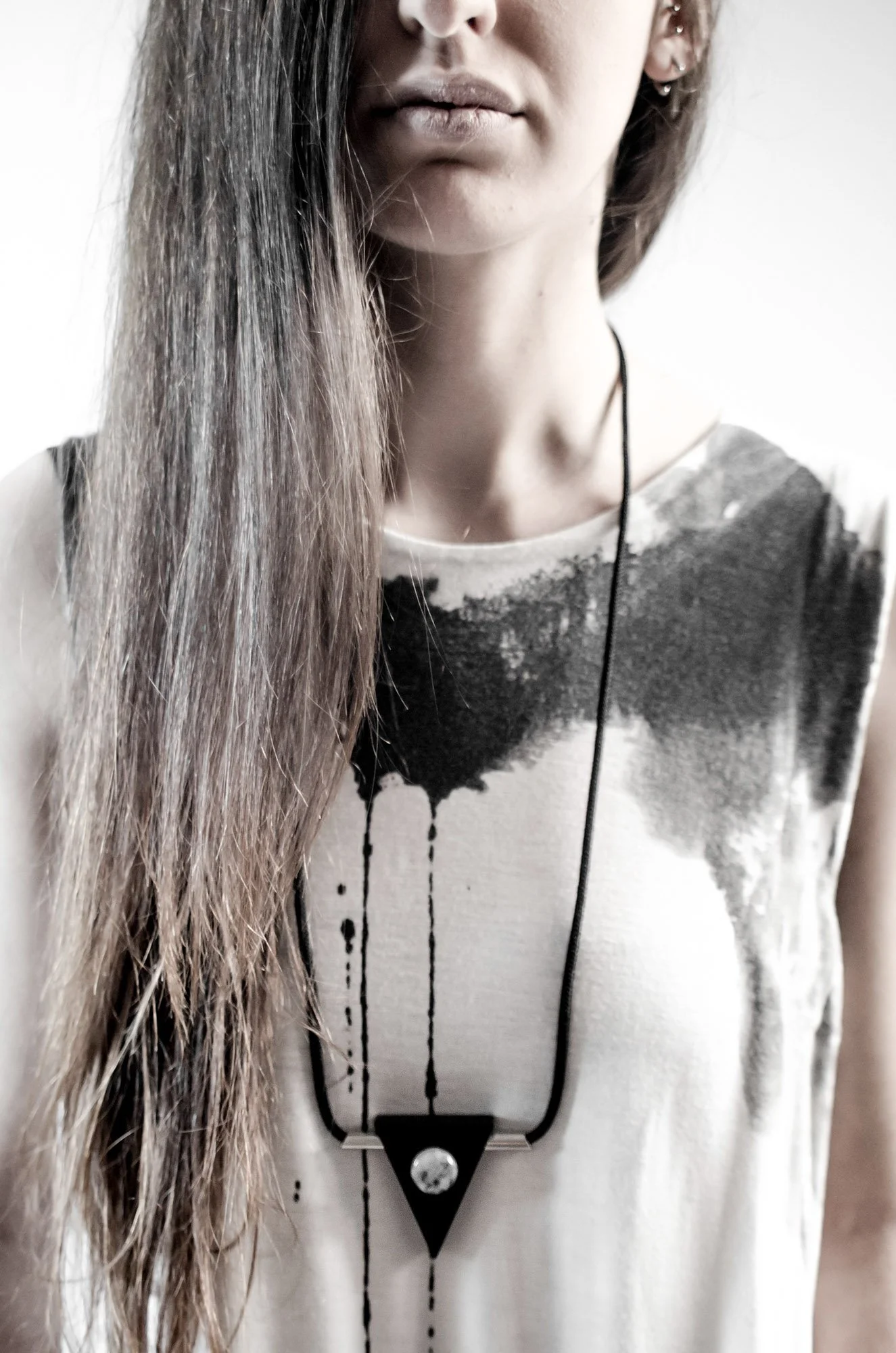 Opposites Necklace, "Full Moon", Black Corian, Moonstone, Stainless Steel, Nautical Cord, 2015