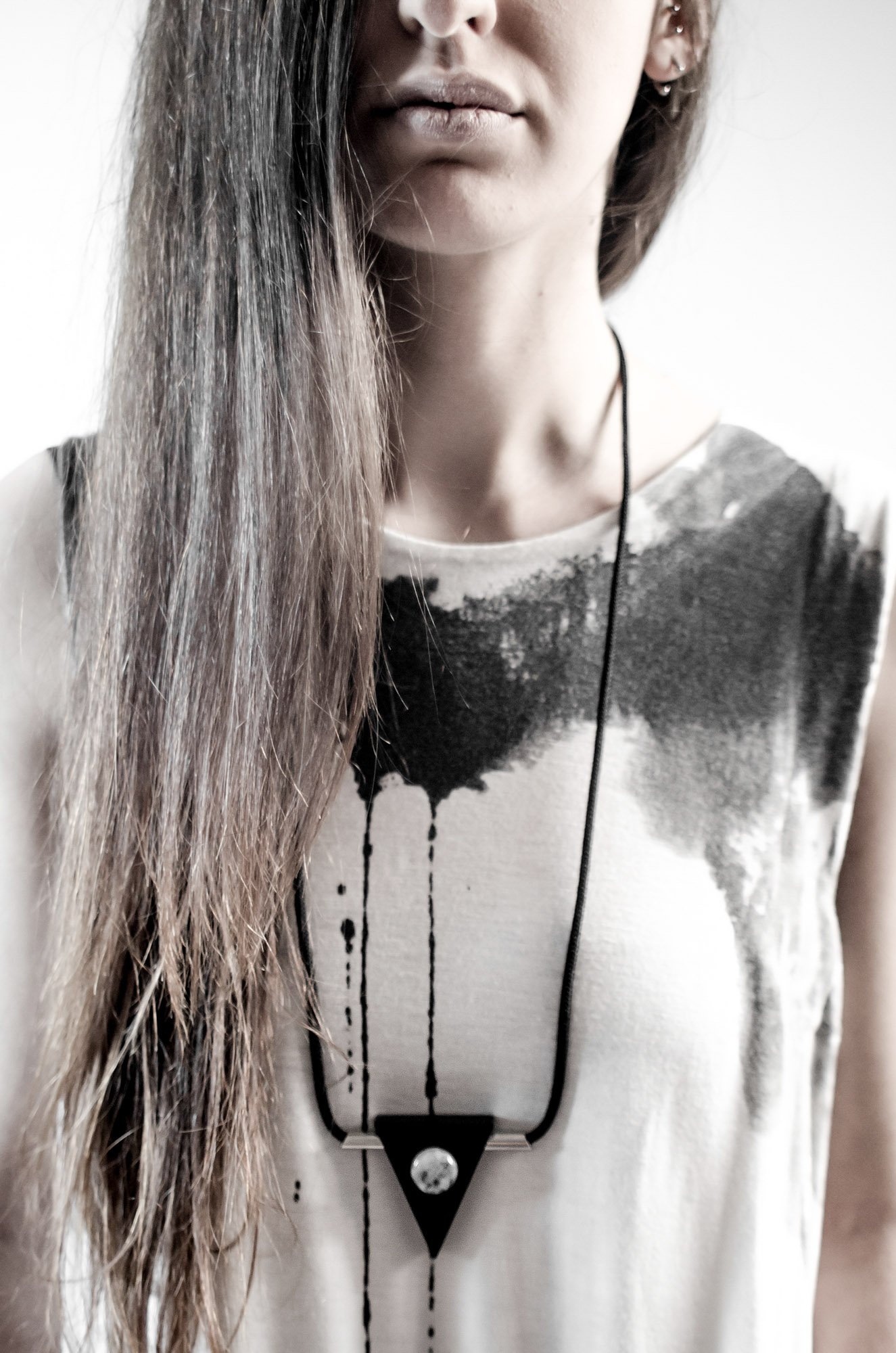 Opposites Necklace, "Full Moon", Black Corian, Moonstone, Stainless Steel, Nautical Cord, 2015