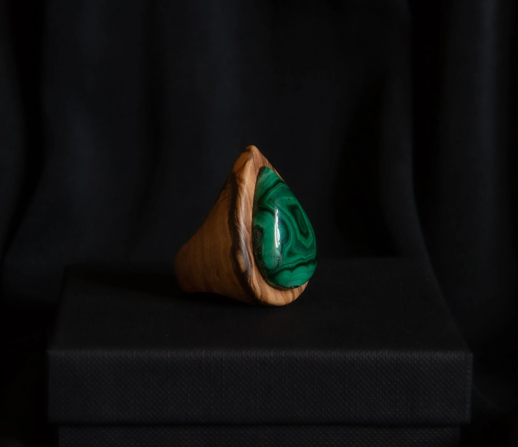 Portal Ring, Olive Wood, Malachite Cabochon, 2023