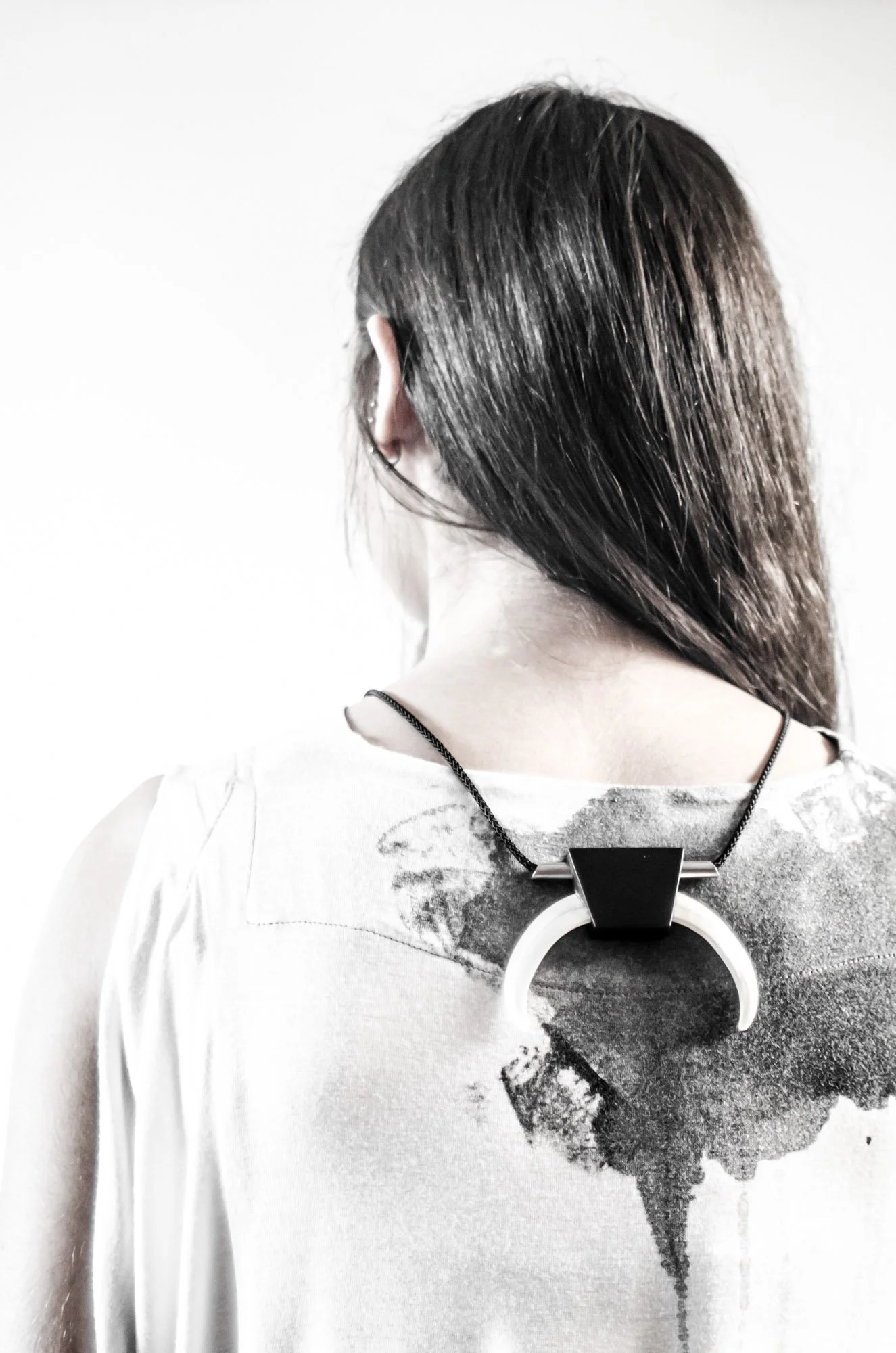 Opposites Necklace, "Crescent Moon", Black Corian, Boar Tusks, Stainless Steel, Nautical Cord, 2015