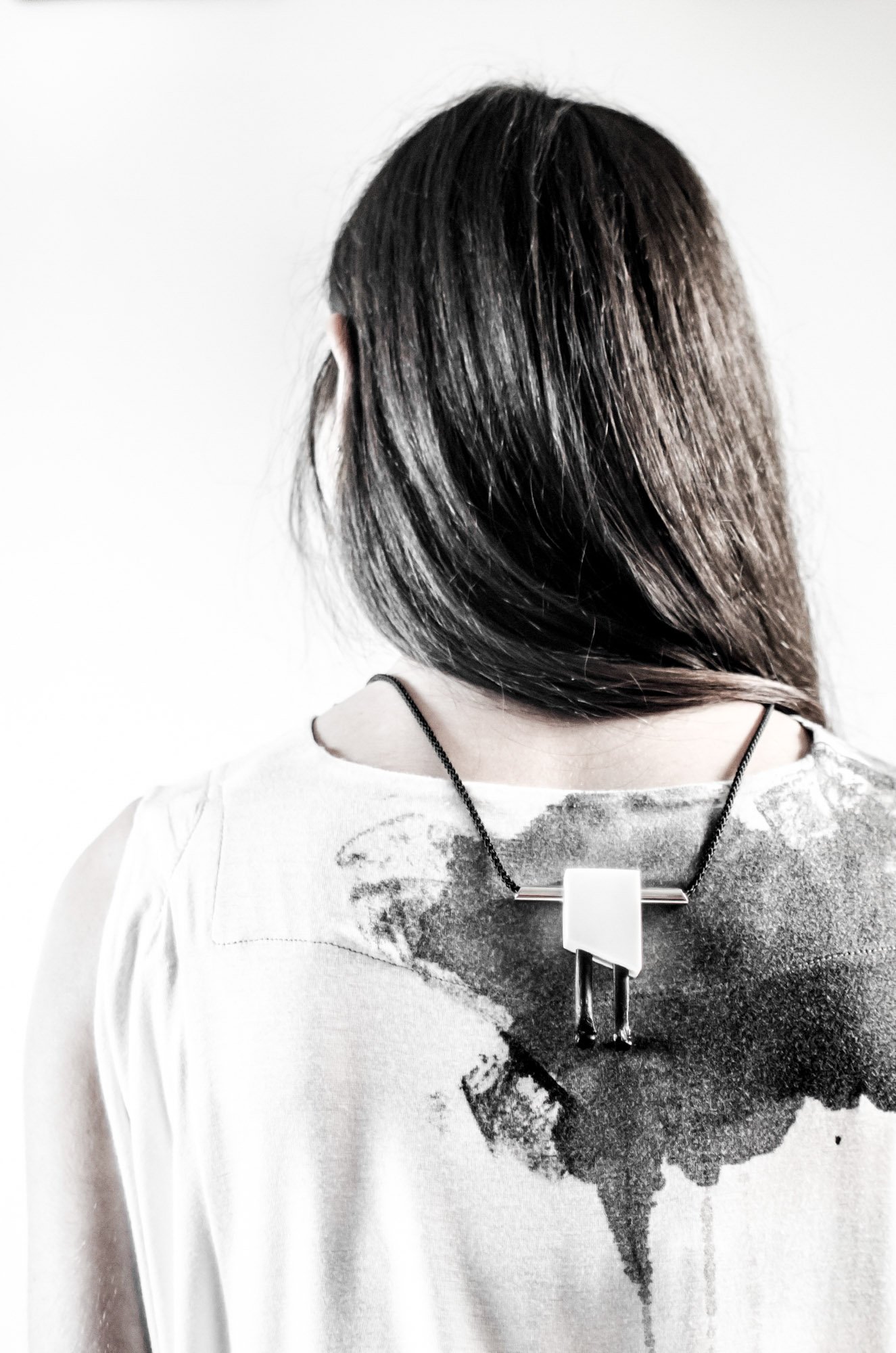 Opposites Necklace, "Gemini", White Corian, Found Painted Bones, Stainless Steel, Nautical Cord, 2015