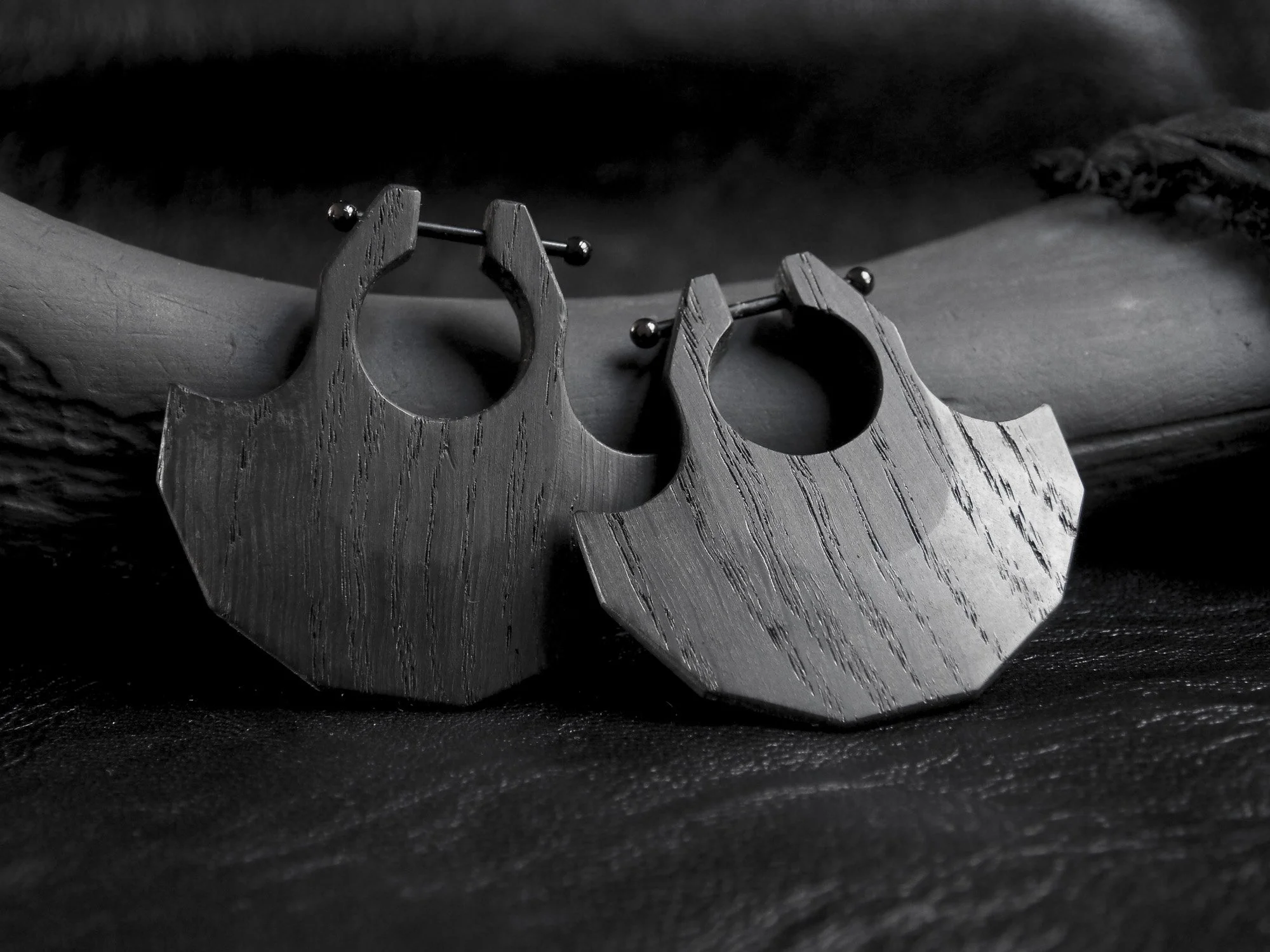 BLADES earrings by ISAROS, bog oak, black faceted form, pair