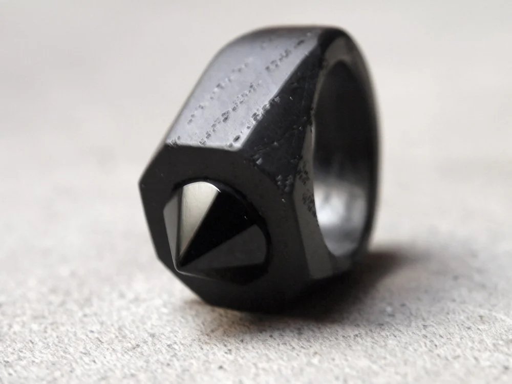 Temple Ring, Bog Oak, Obsidian Gemstone