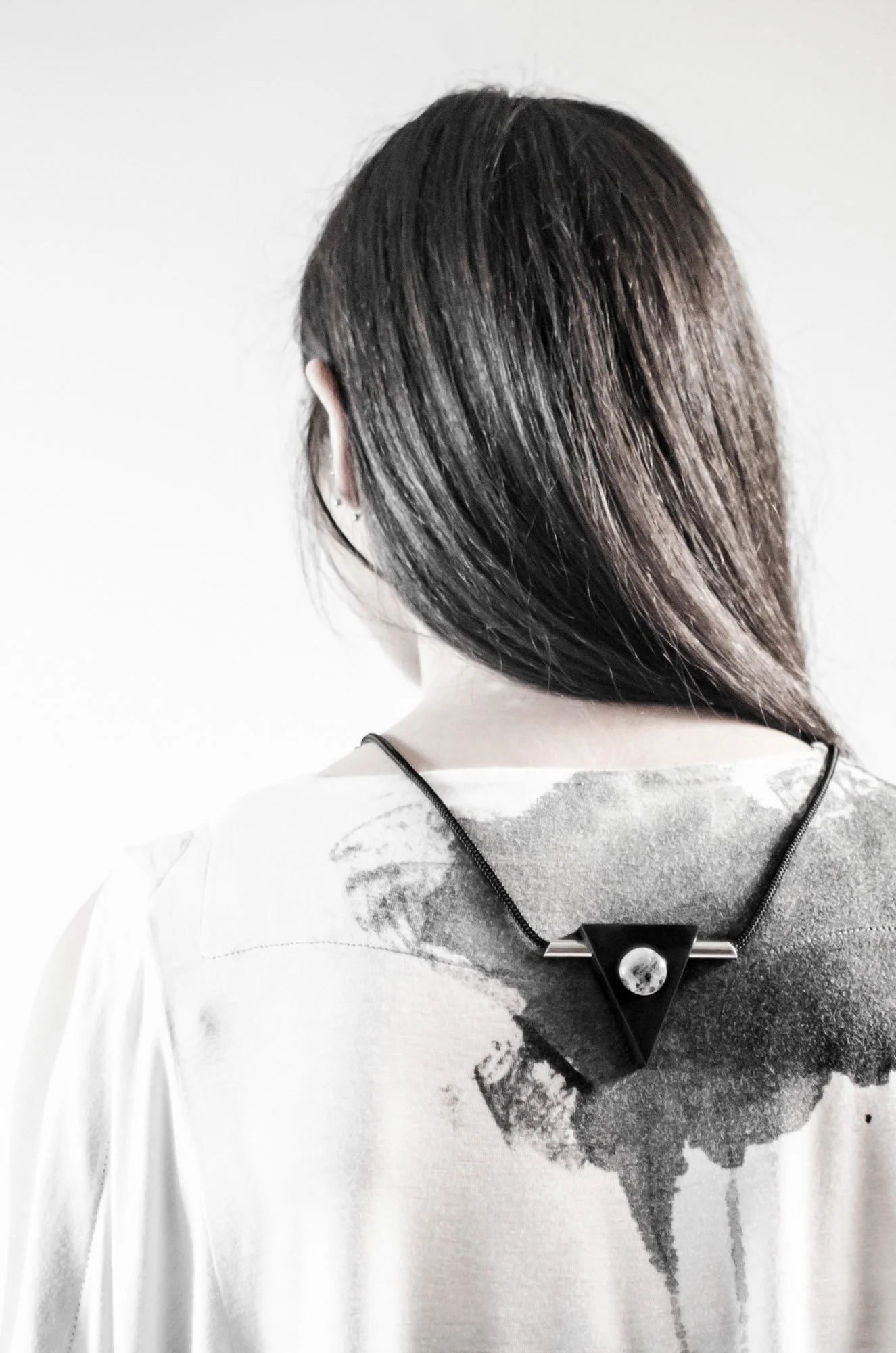 Opposites Necklace, "Full Moon", Black Corian, Moonstone, Stainless Steel, Nautical Cord, 2015