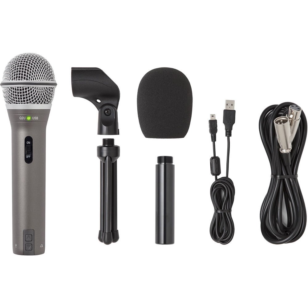 Samson Q2U USB microphone with accessories