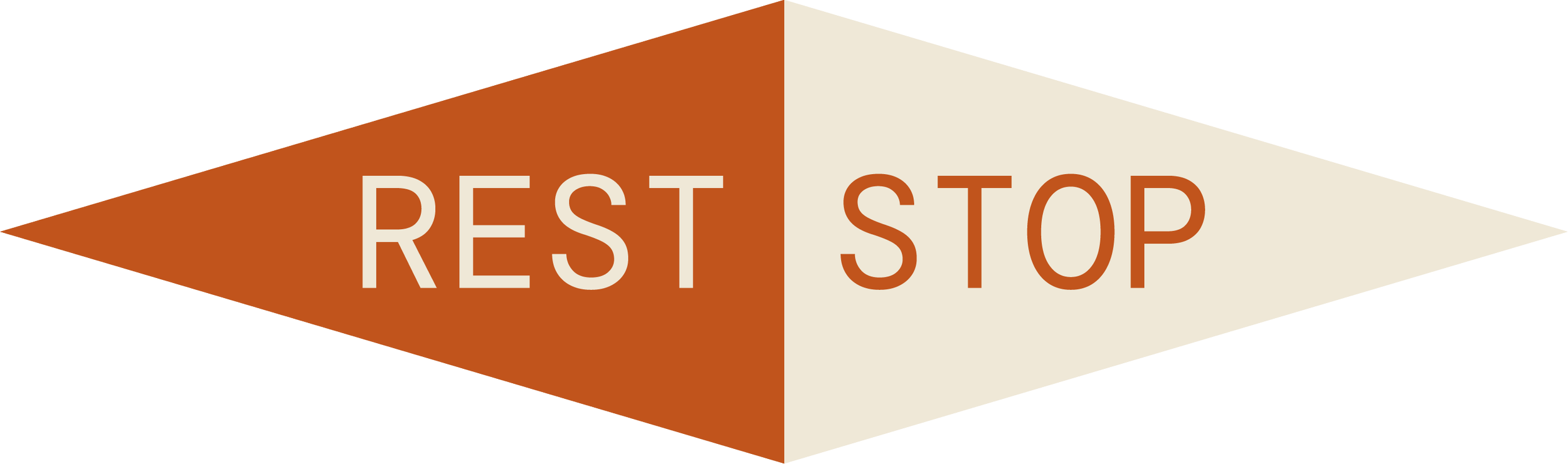 A split arrow sign with the words 'REST' in on the left side and 'STOP' on the right side.