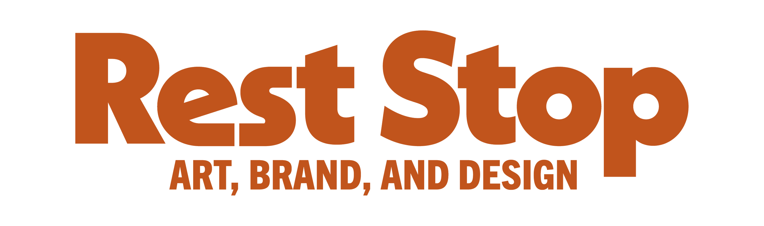 Logo of RestStop, featuring stylized orange text that reads 'RestStop' with a slogan underneath that says 'Art, Brand, and Design'.