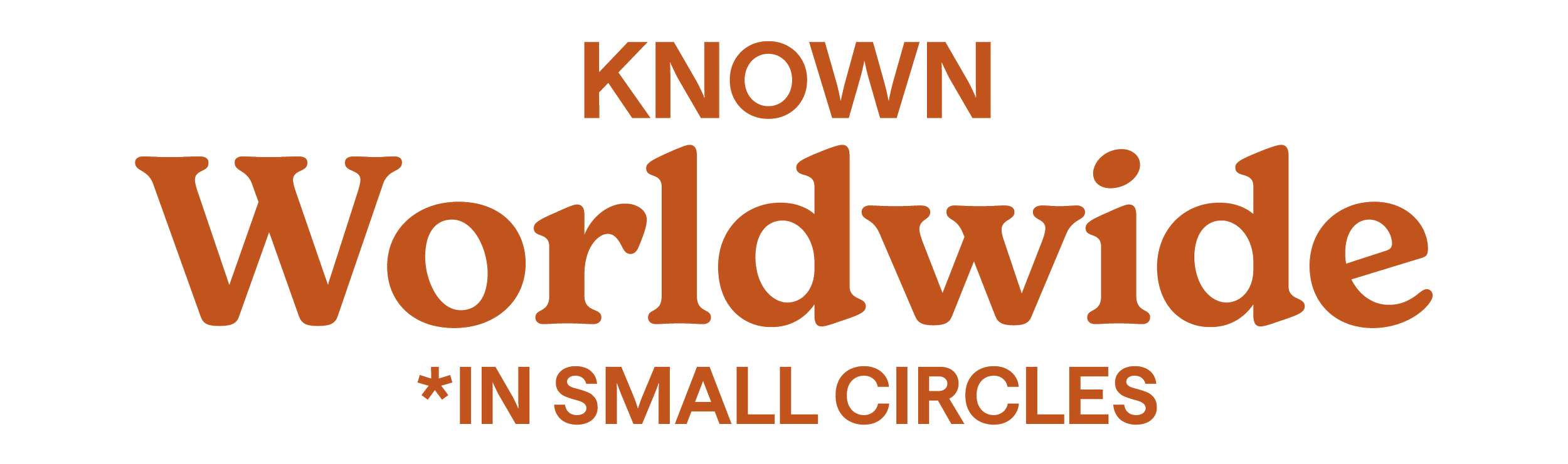 Text image reading "Known worldwide in small circles" with "worldwide" in large, brown, bold letters, and smaller text above and below.
