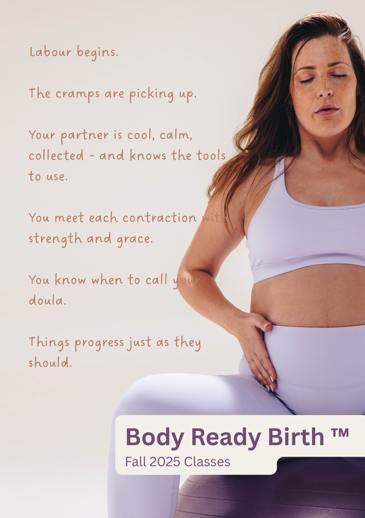 A pregnant woman in workout clothes with text about childbirth preparation and announcing fall 2025 classes for Body Ready Birth.