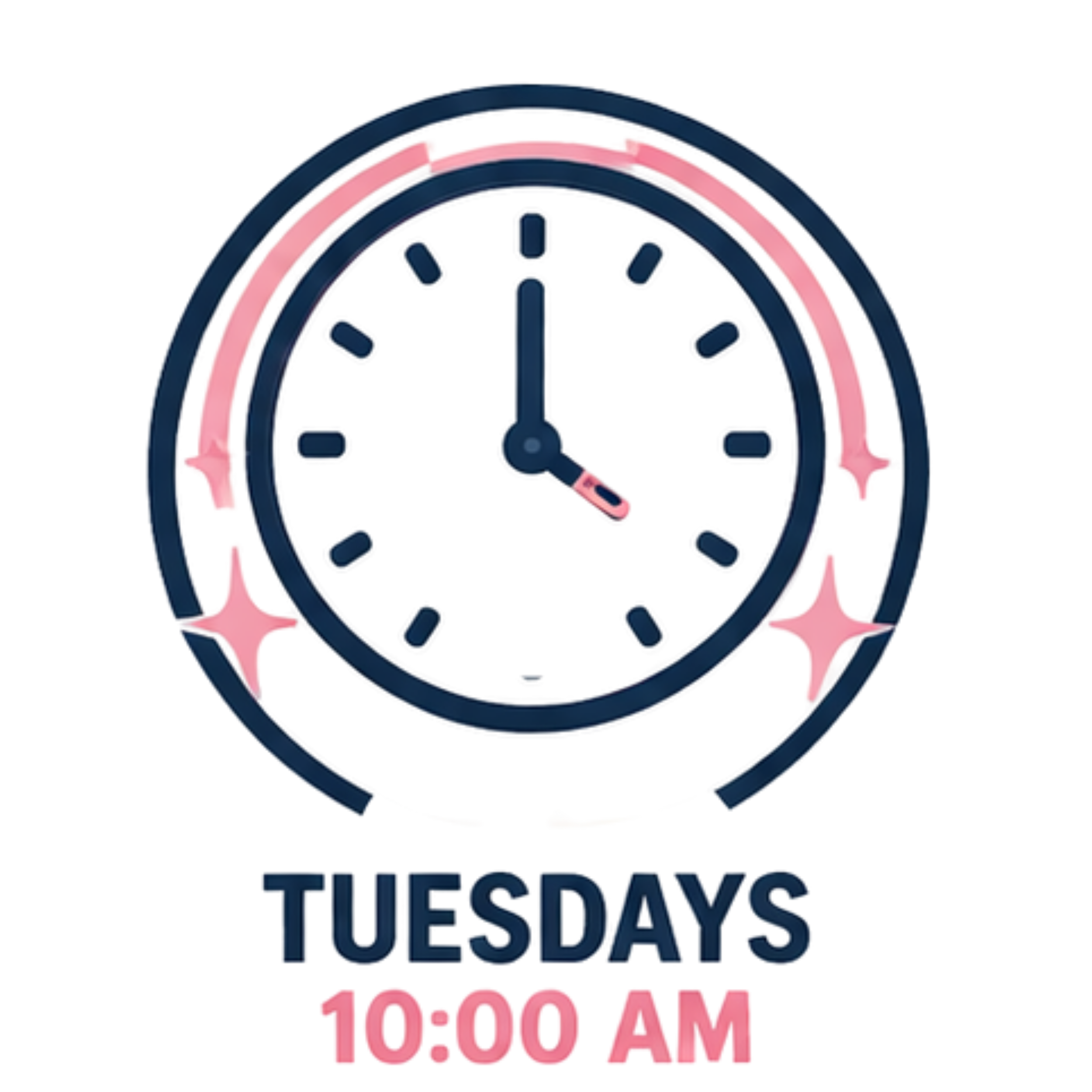 A digital clock showing 10:00, with the words "TUESDAYS 10:00 AM" below it, and a ring with sparkles around the clock.