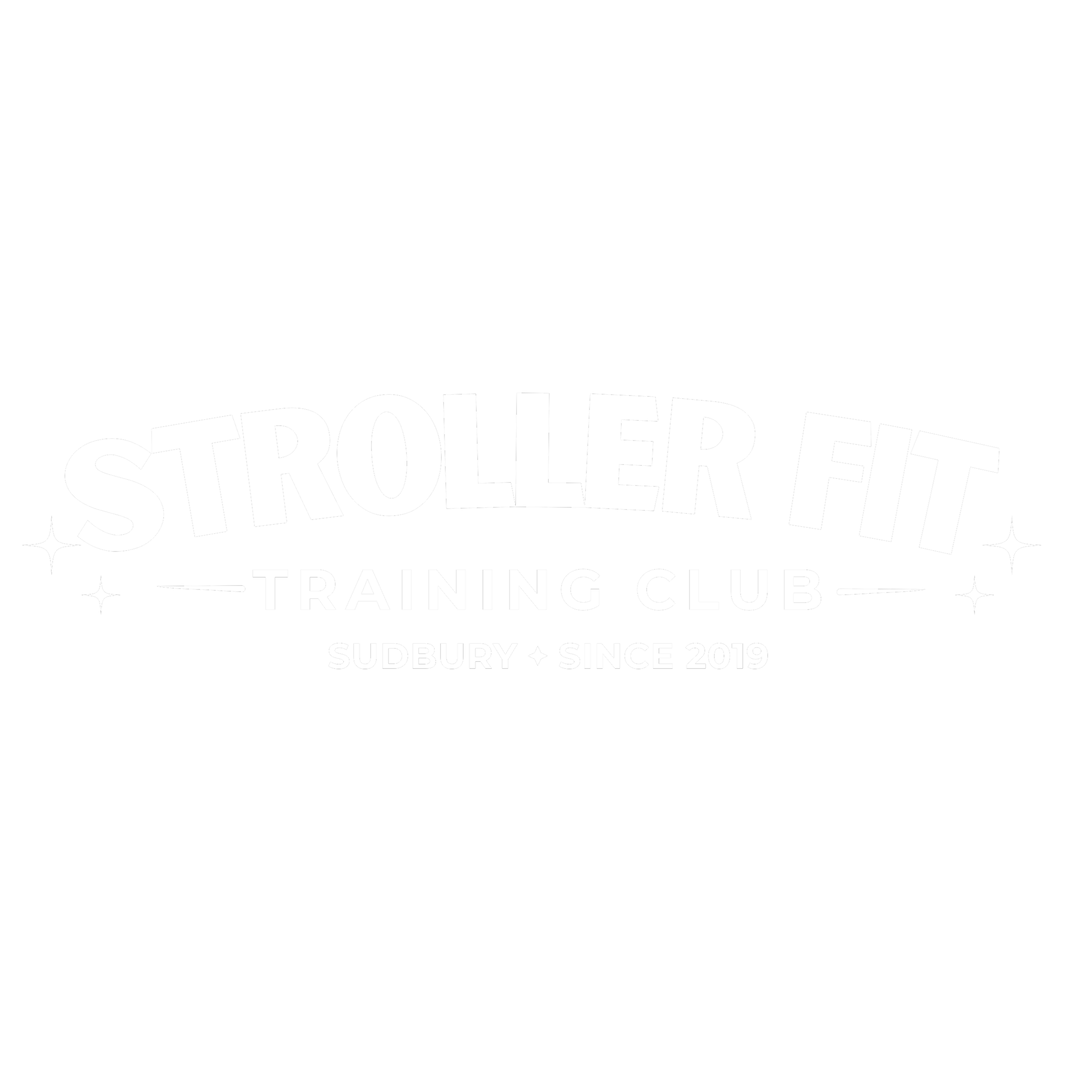 Logo for Stroller Fit Training Club in Sudbury, established in 2019, on a black background with white text and decorative stars.