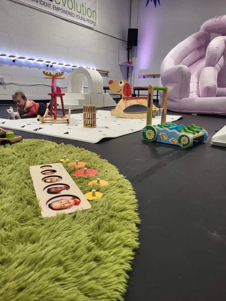 Children's play area with toys, a green fluffy rug, a wooden dog figure, and an inflatable pink chair.