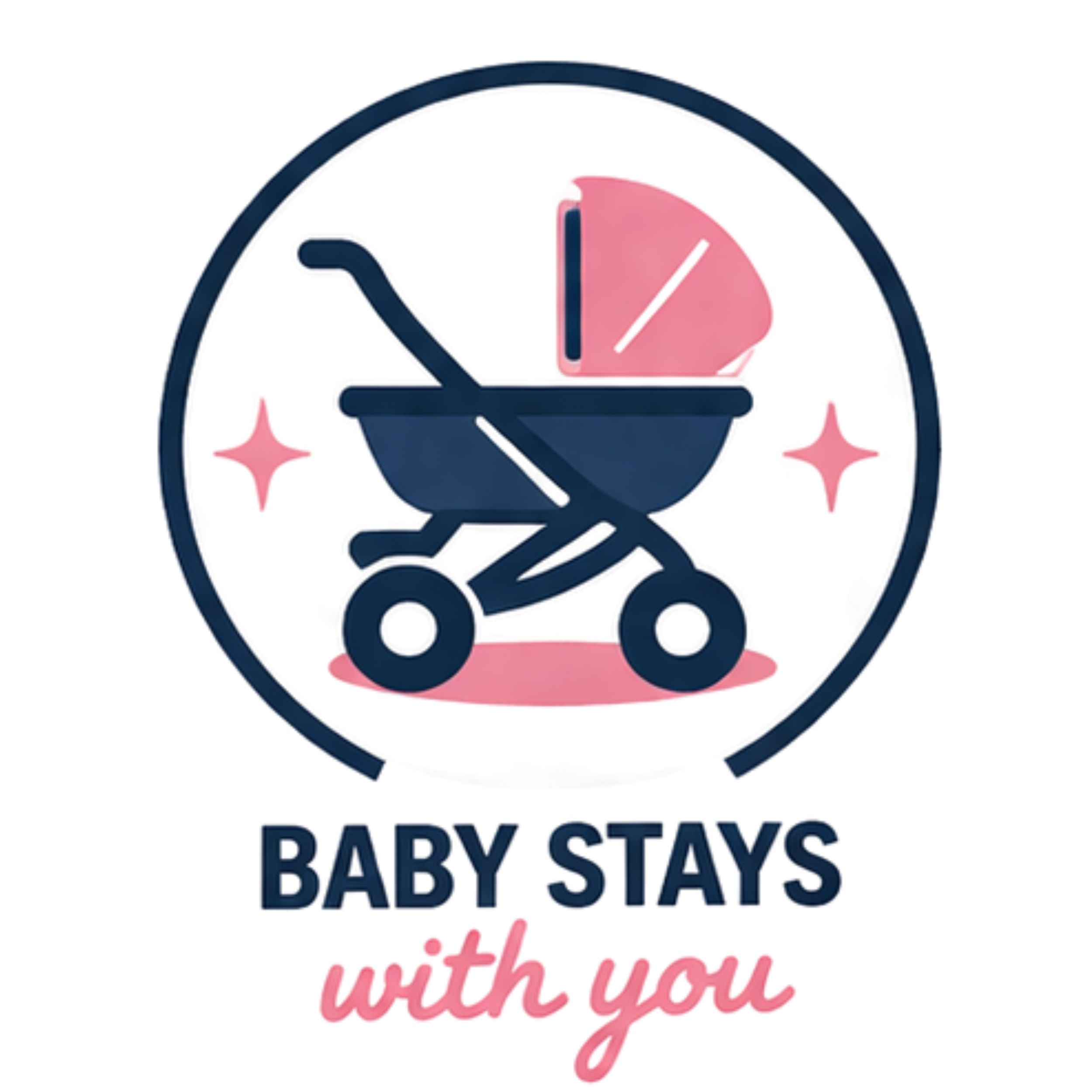 A logo with a baby stroller inside a circular outline, decorated with pink stars and sparkles. The text below reads 'BABY STAYS with you' with 'BABY STAYS' in dark blue and 'with you' in pink cursive.