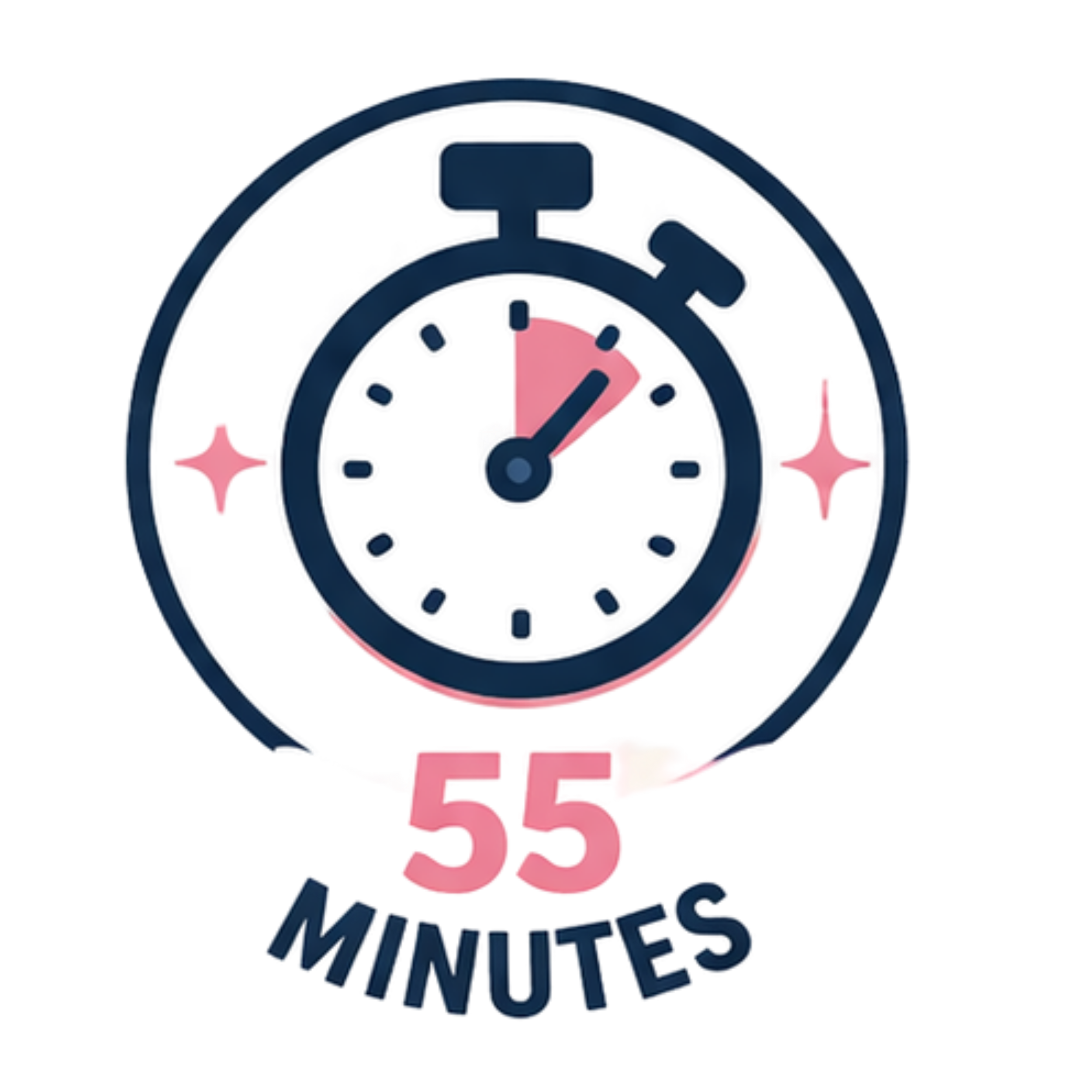 A stylized digital clock with a pink hour hand pointing to 1 and a pink second hand pointing to 12, inside a stopwatch outline. Below the clock, the text reads "55 MINUTES" with "55" in pink and "MINUTES" in blue.