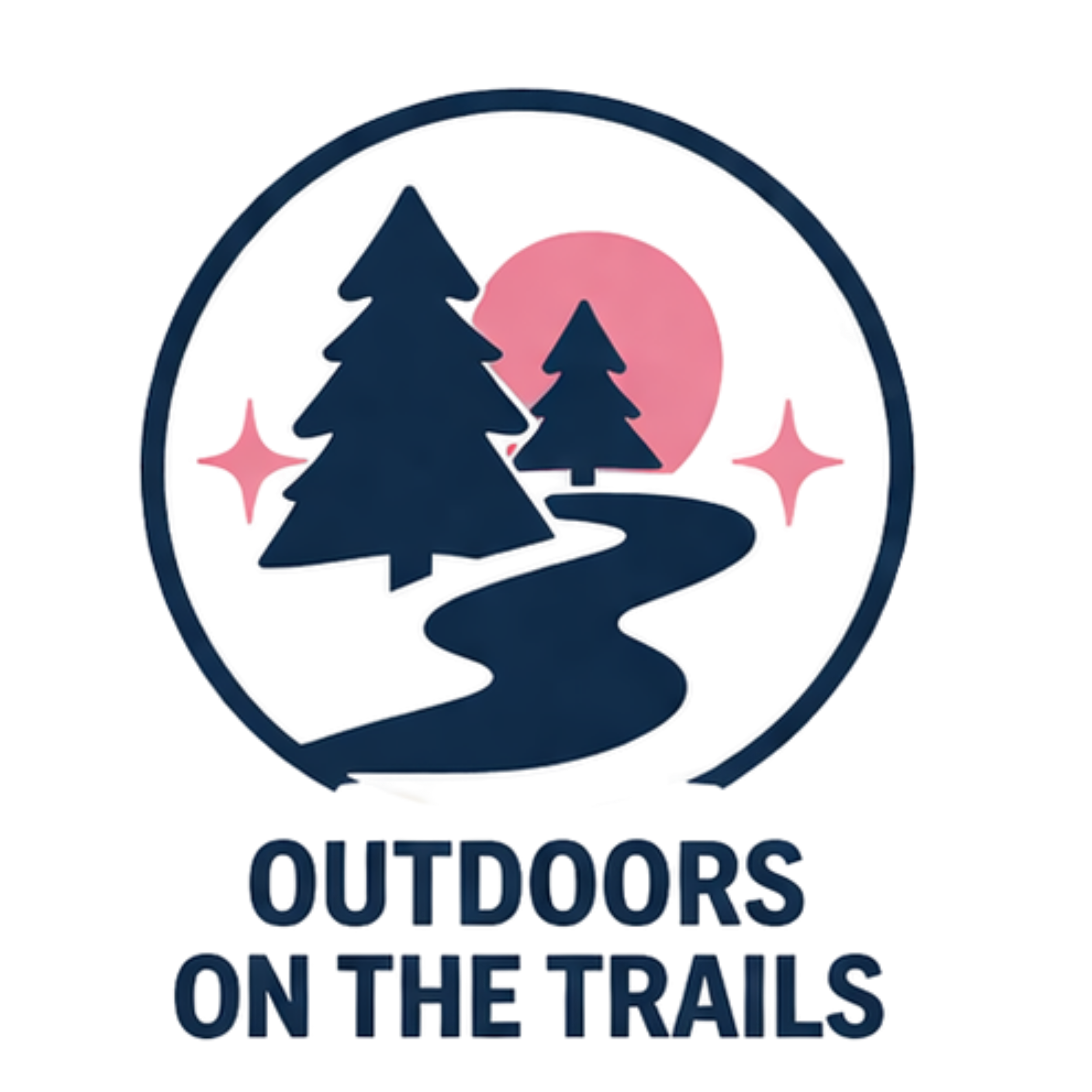 Design featuring a pink sun or moon in the background, two blue pine trees, a winding trail, and the text 'Outdoors on the Trails' beneath the scene.