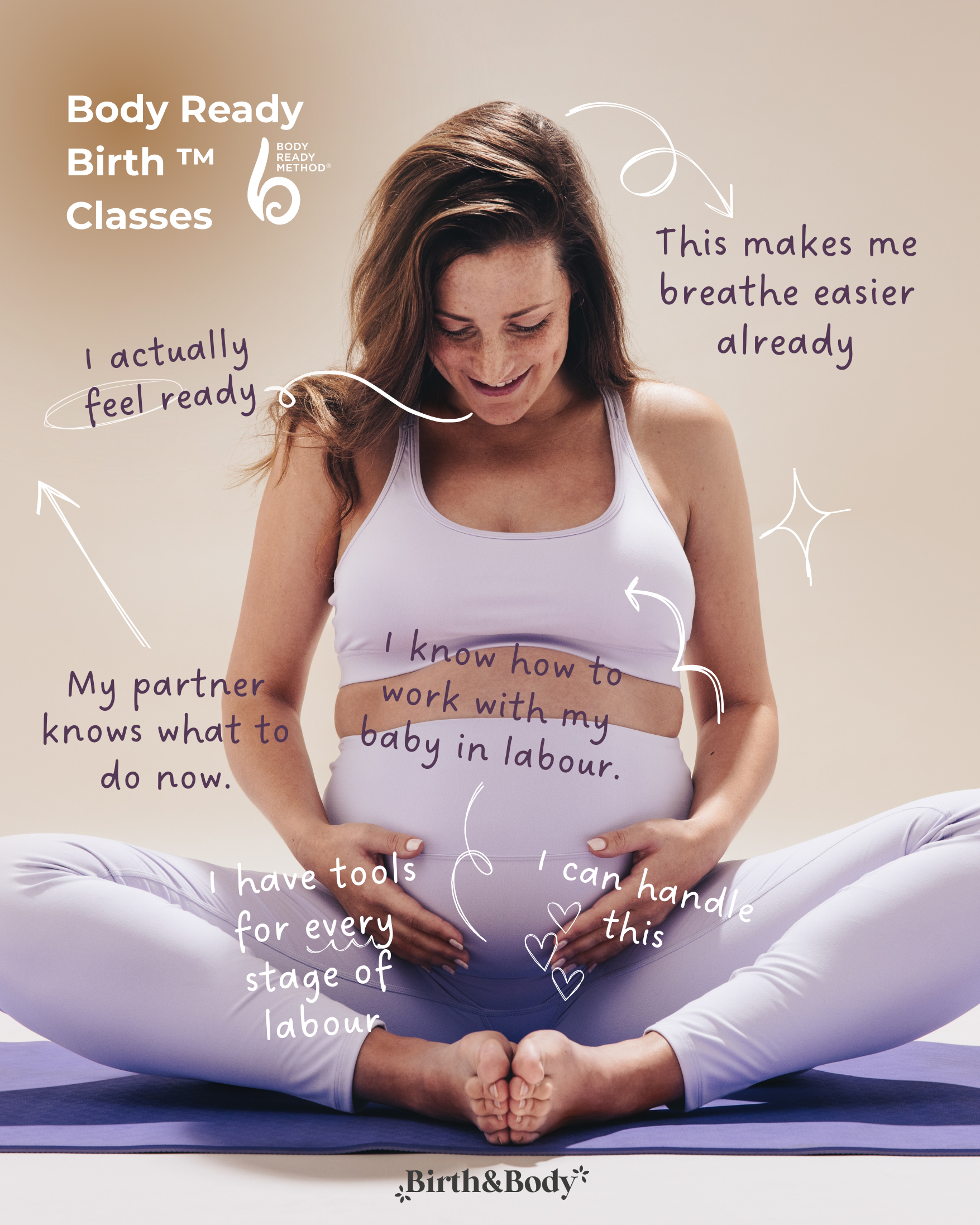 A pregnant woman sitting cross-legged on a yoga mat, smiling, wearing a white sports bra and matching leggings. The image contains various handwritten annotations, including phrases like 'I actually feel ready,' 'This makes me breathe easier already,